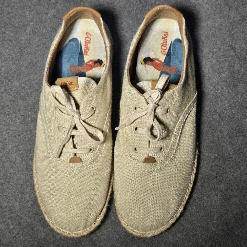 Olukai‎ Kaula Pa'a Li Womens 10 Sand Linen Espadrille Sneakers Tan 20463-2020